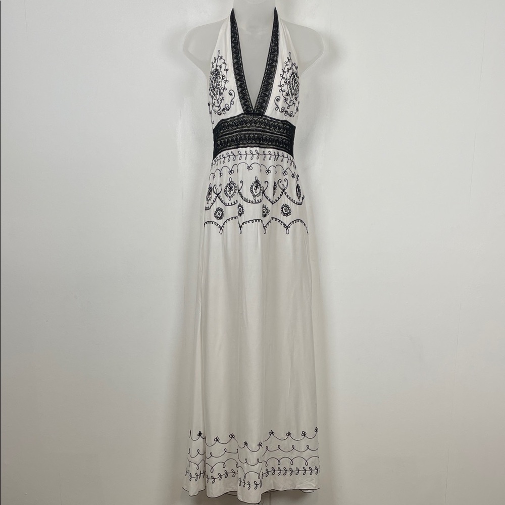 Vintage Uluwatu Embroidered Y2K Black White V Neck Women's M Halter Maxi Dress